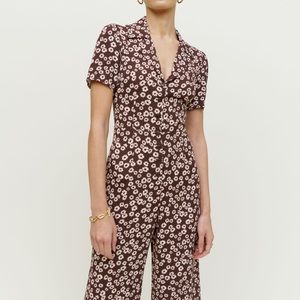 Reformation Bev Jumpsuit Brown White Floral Short Sleeves Size 8